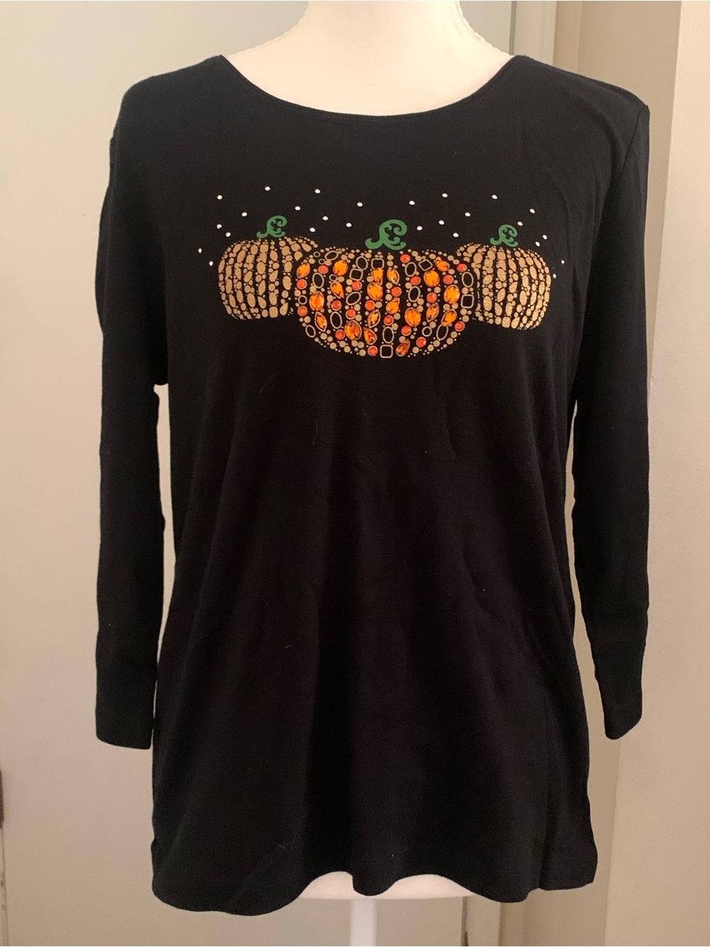 Pumpkin Halloween Fall Shirt Karen Scott Petite L Rhinestone Bedazzled Cotton